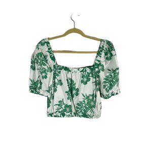 American Eagle Top Milkmaid S Green Floral Tropical Crop Coquette Feminine Y2K